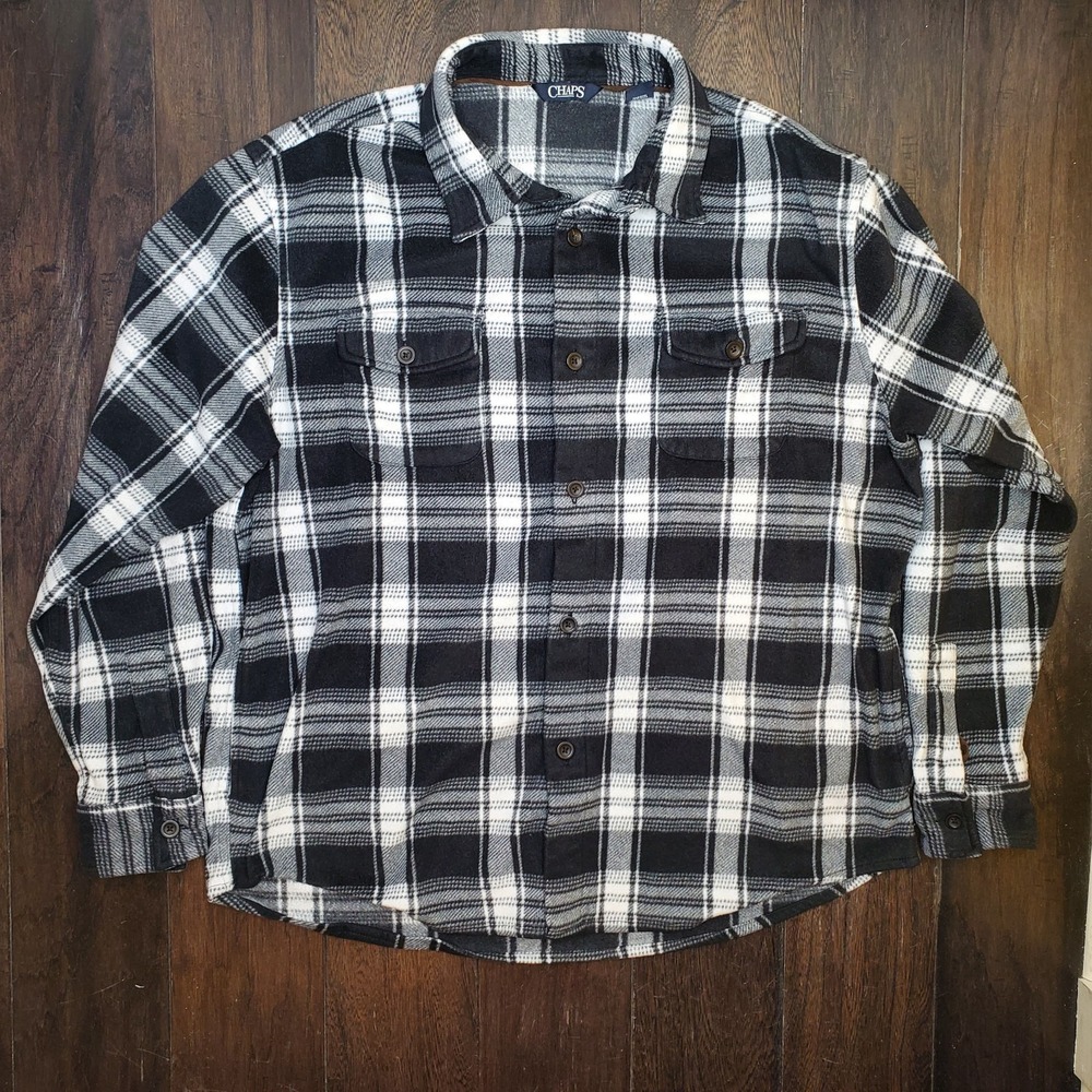 Chaps Mens Black And White Plaid Microfleece XL Flannel With Side Pockets